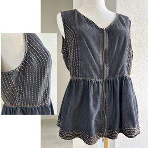 MUR MUR Embroidered Dark Blue Denim Zip Up Tank Top Womens Medium